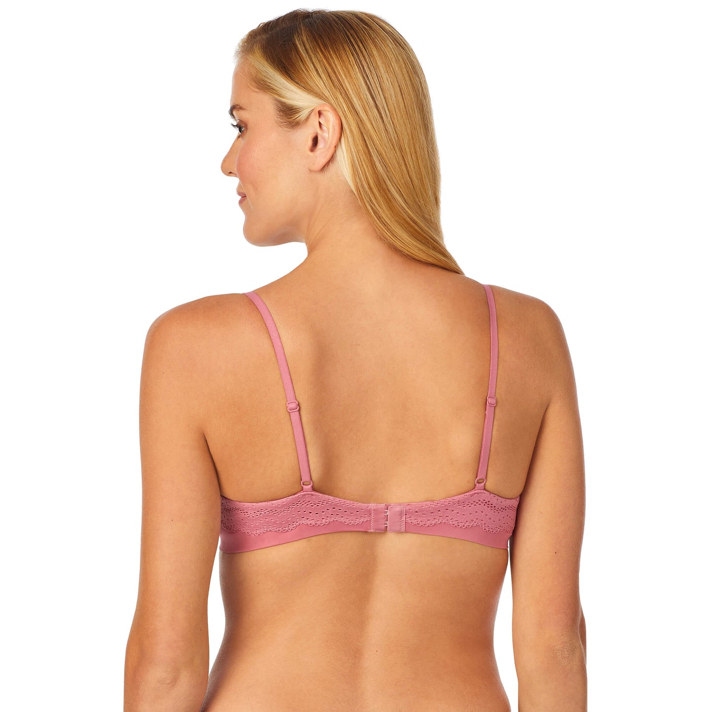 Heather Rose;Model is wearing a size 34B. She is 5' 10", Bust 34", Waist 26", Hips 38"@A lady wearing Heather Rose smooth t-shirt bra.
