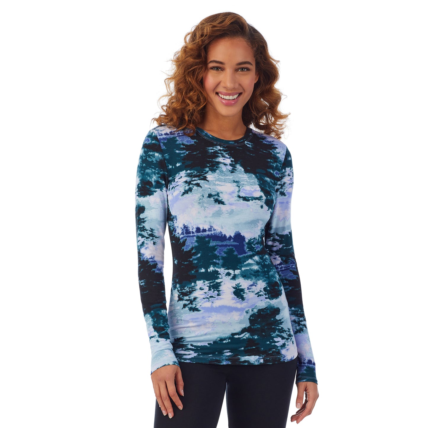 Green Misty Forest; Model is wearing size S. She is 5’9”, Bust 34”, Waist 23”, Hips 35”. @A lady wearing a green misty forest long sleeve stretch crew.
