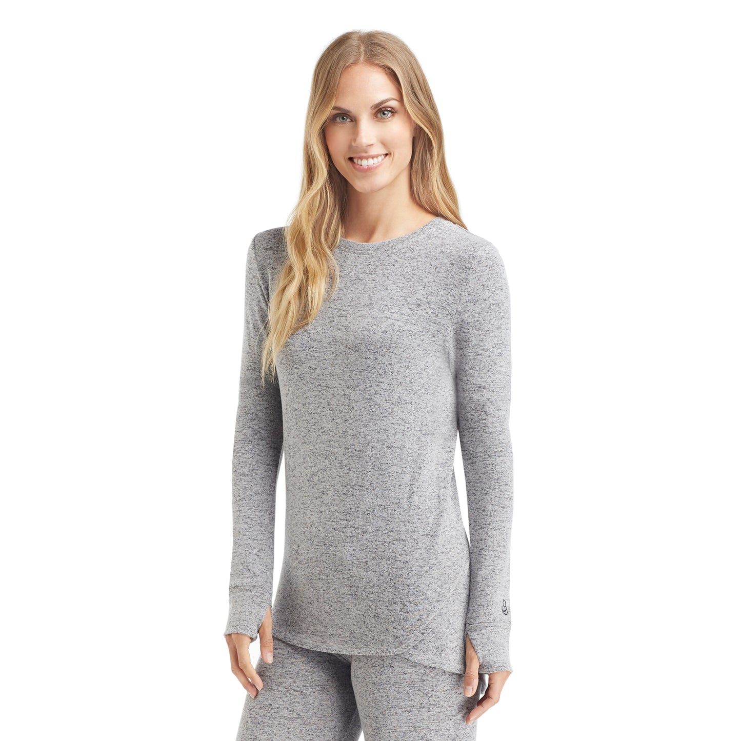 Marled Grey; Model is wearing size S. She is 5’9”, Bust 32”, Waist 25.5”, Hips 36”. @A lady wearing a marled grey long sleeve crew.