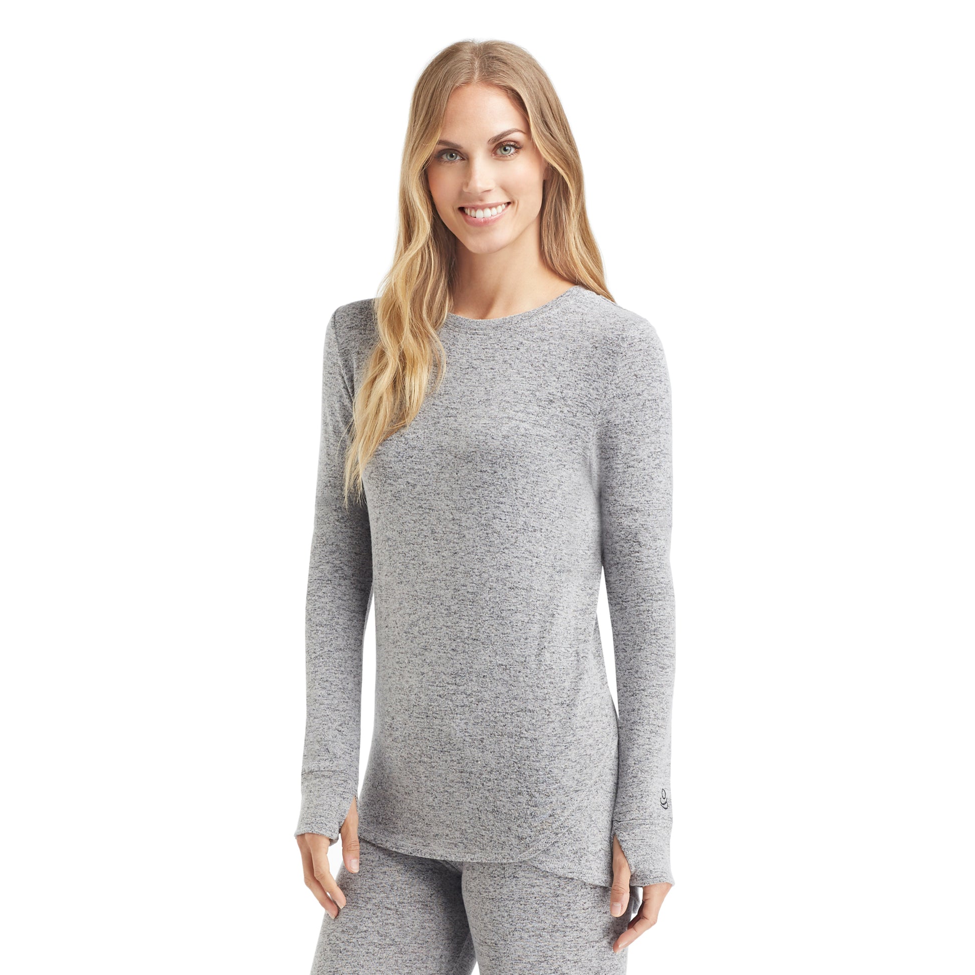 A lady wearing a marled grey  long sleeve crew.