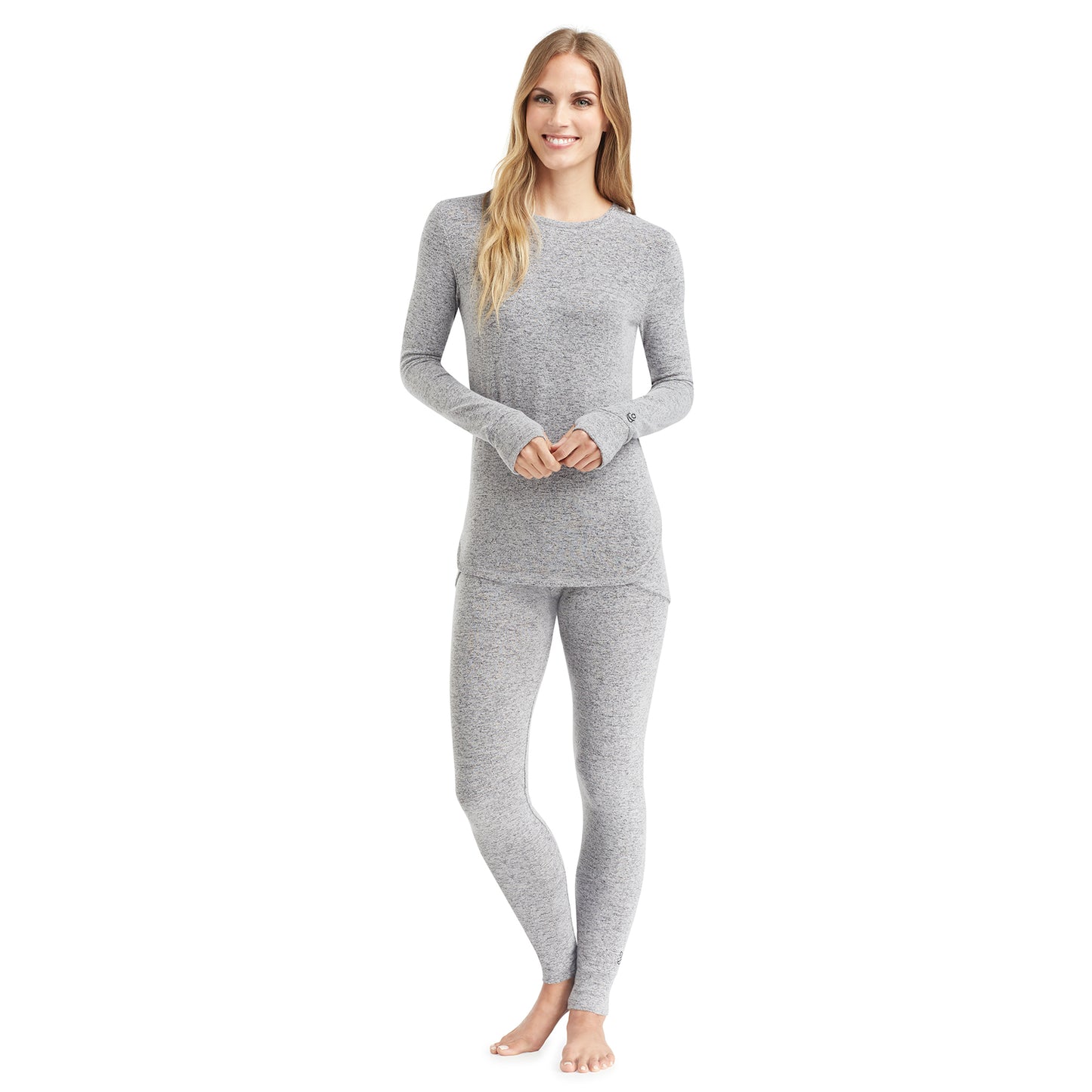 Marled Grey; Model is wearing size S. She is 5’9”, Bust 32”, Waist 25.5”, Hips 36”. @A lady wearing a marled grey long sleeve crew.
