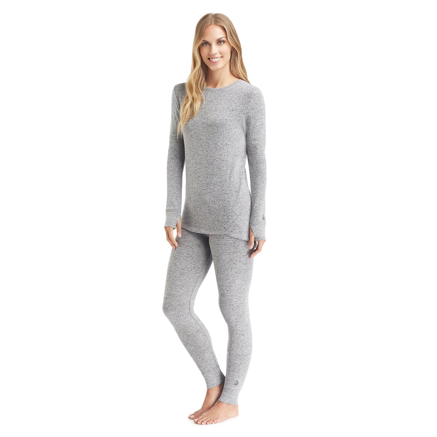 Marled Grey; Model is wearing size S. She is 5’9”, Bust 32”, Waist 25.5”, Hips 36”. @A lady wearing a marled grey long sleeve crew.