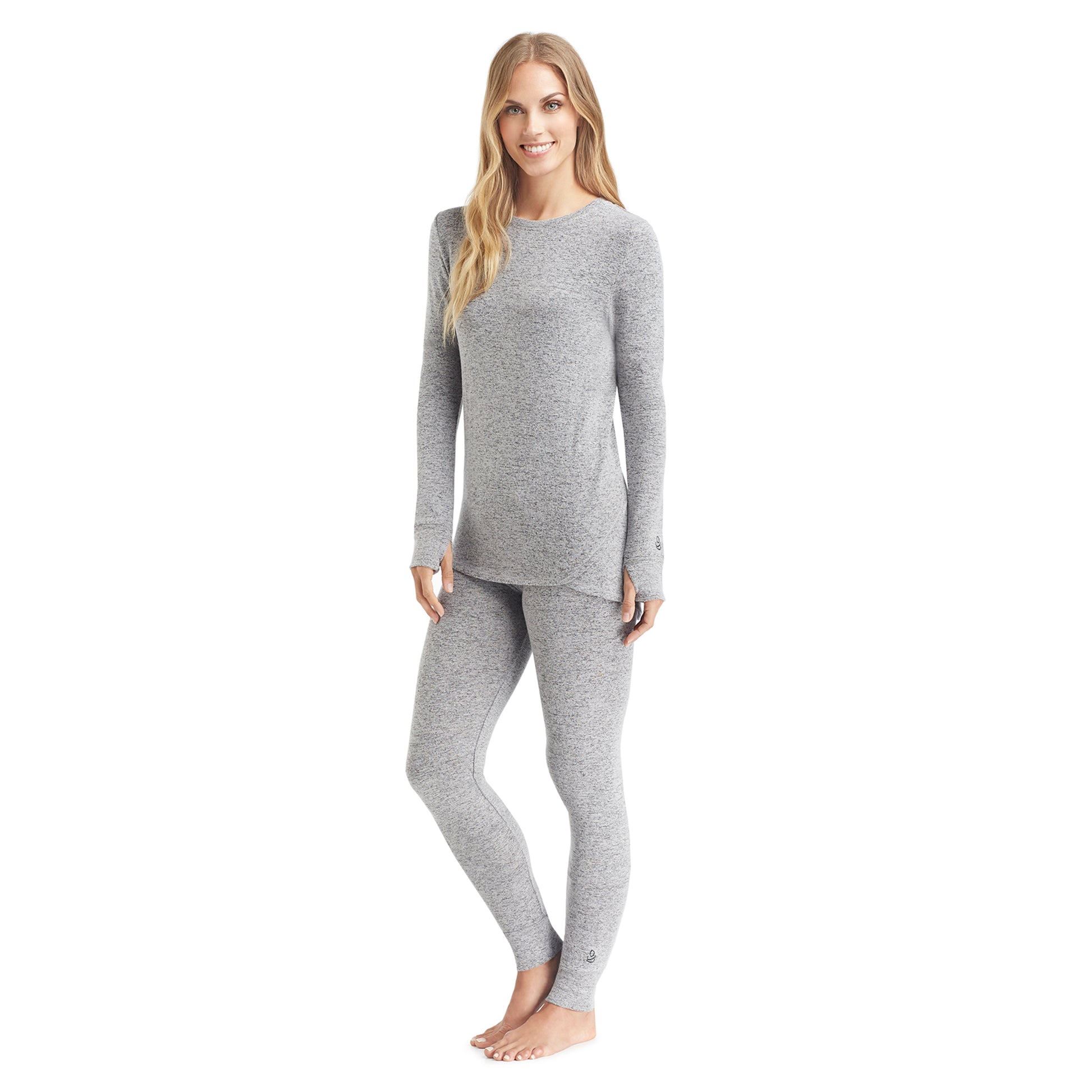 A lady wearing a marled grey  long sleeve crew.