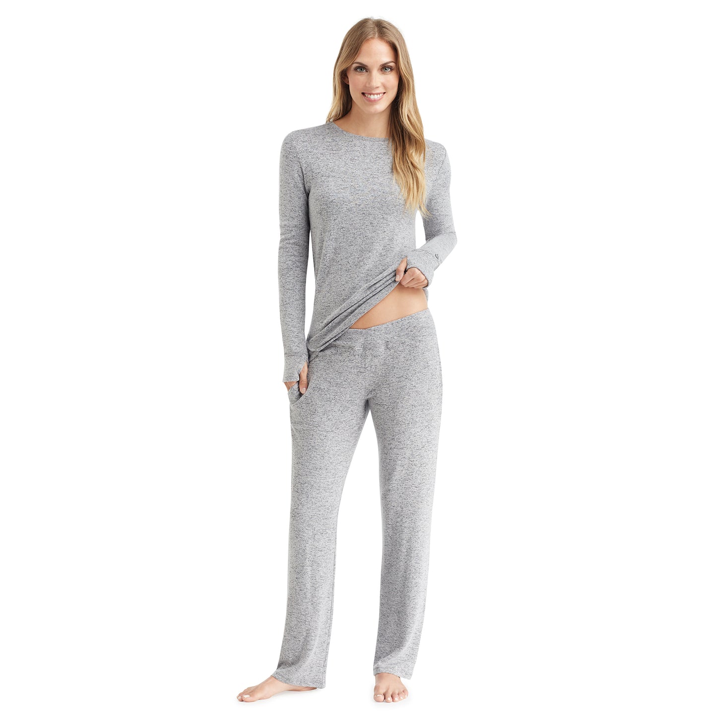 Marled Grey; Model is wearing size S. She is 5’9”, Bust 32”, Waist 25.5”, Hips 36”. @A lady wearing a marled grey long sleeve crew.
