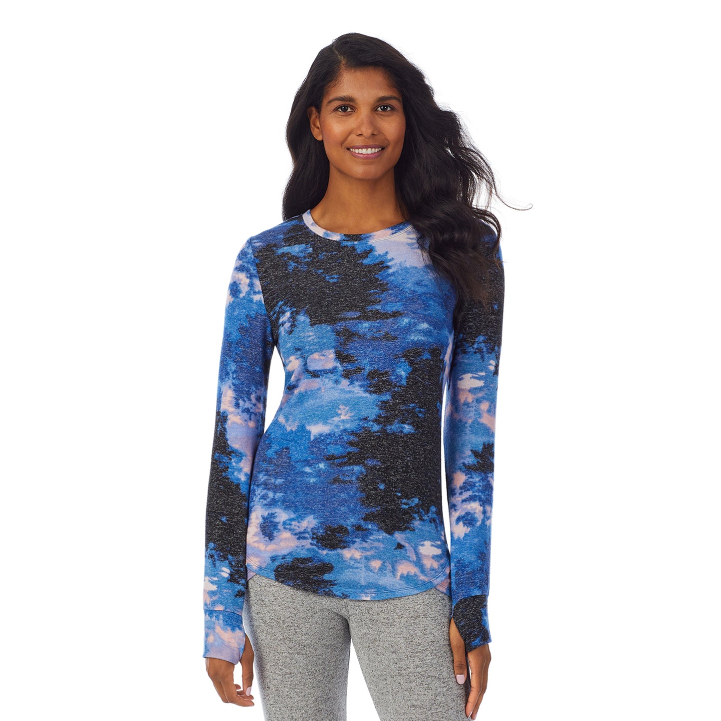 Misty Blue Forest; Model is wearing size S. She is 5’10”, Bust 34”, Waist 24”, Hips 34”. @A lady wearing a blue misty forest long sleeve crew.