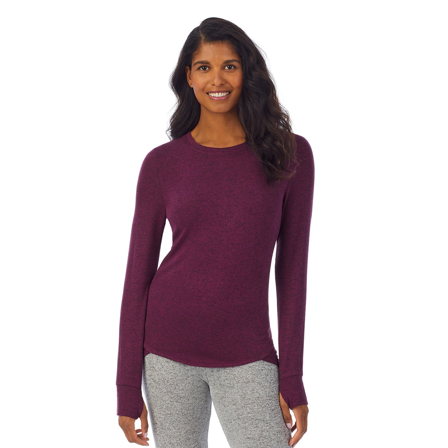 Marled Grape; Model is wearing size S. She is 5’10”, Bust 34”, Waist 24”, Hips 34”. @A lady wearing a marled grape long sleeve crew.
