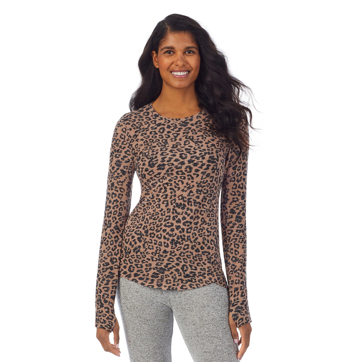 Taupe Animal; Model is wearing size S. She is 5’10”, Bust 34”, Waist 24”, Hips 34”. @A lady wearing a taupe animal long sleeve crew.