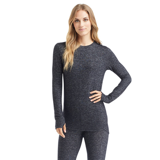 A lady wearing a marled dark charcoal  long sleeve crew.