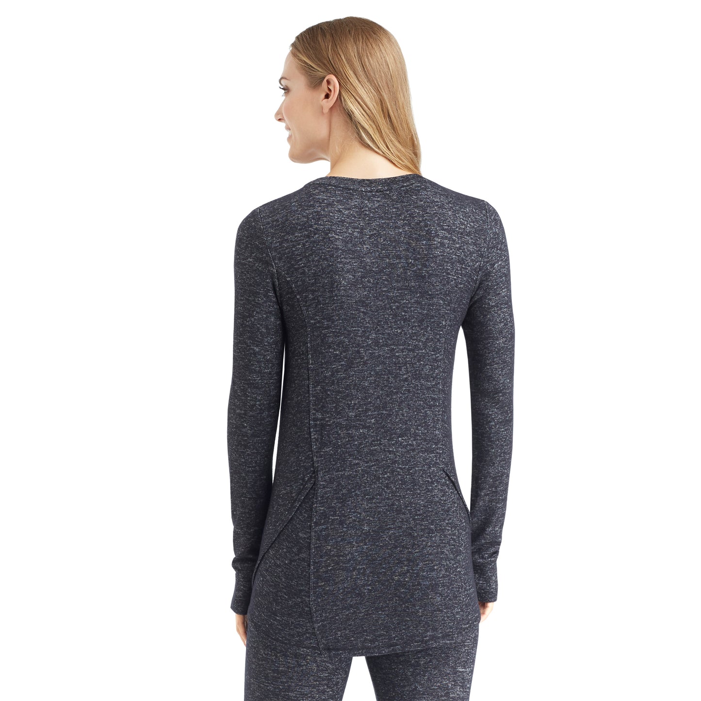 Marled Dark Charcoal; Model is wearing size S. She is 5’9”, Bust 32”, Waist 25.5”, Hips 36”. @A lady wearing a marled dark charcoal long sleeve crew.