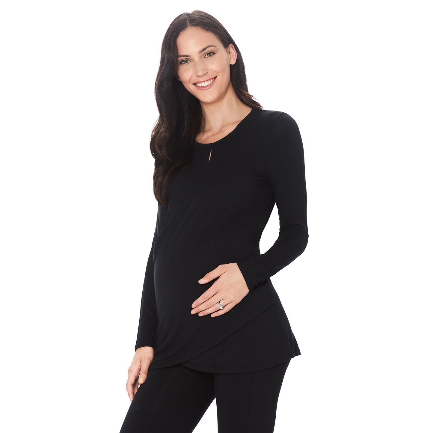 Black; Model is wearing size S. She is 5’11”, Bust 34”, Waist 25”, Hips 36.5”. @A lady wearing a black long sleeve maternity wrap front top. #Model is wearing a maternity bump.