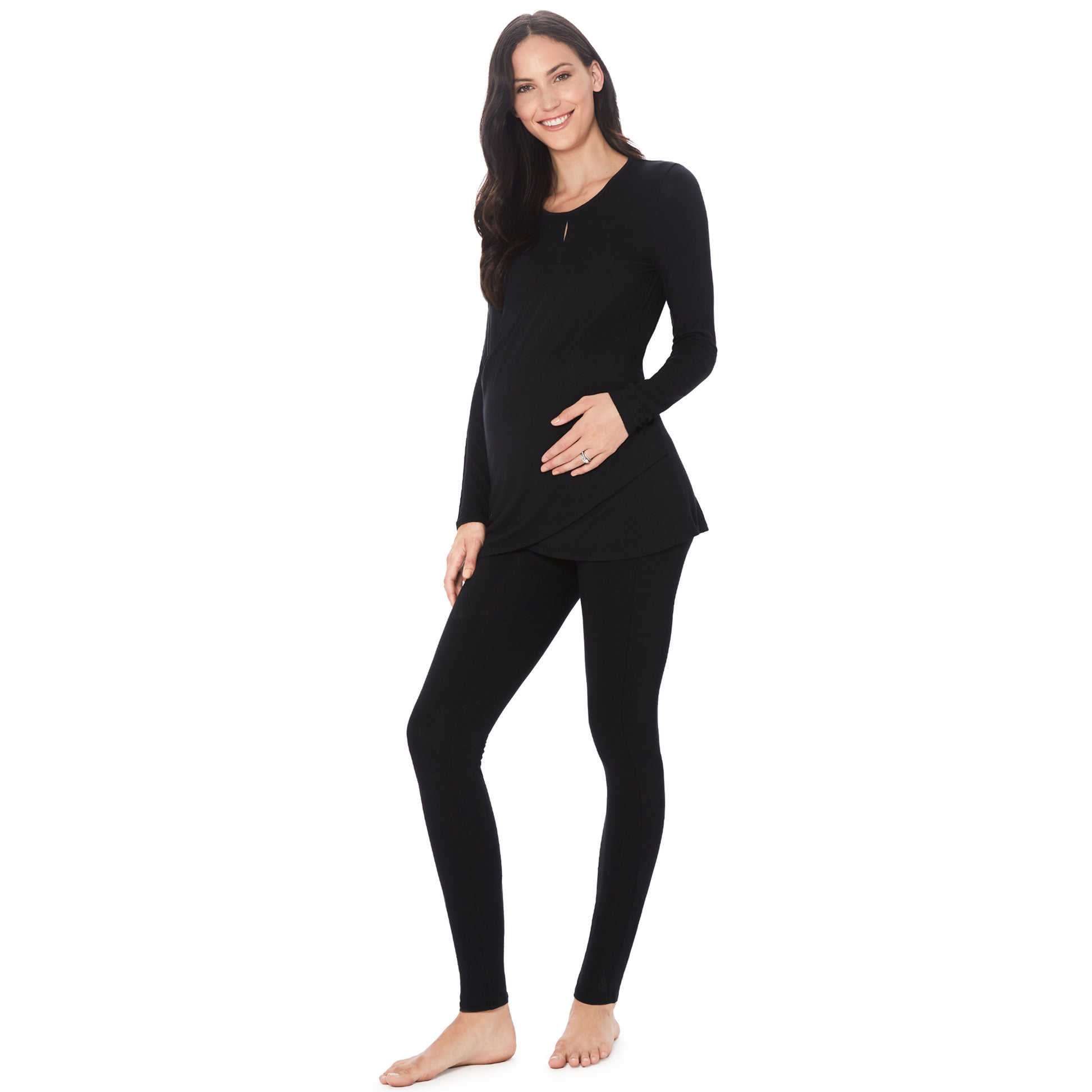 Black; Model is wearing size S. She is 5’11”, Bust 34”, Waist 25”, Hips 36.5”. @A lady wearing a black long sleeve maternity wrap front top. #Model is wearing a maternity bump.