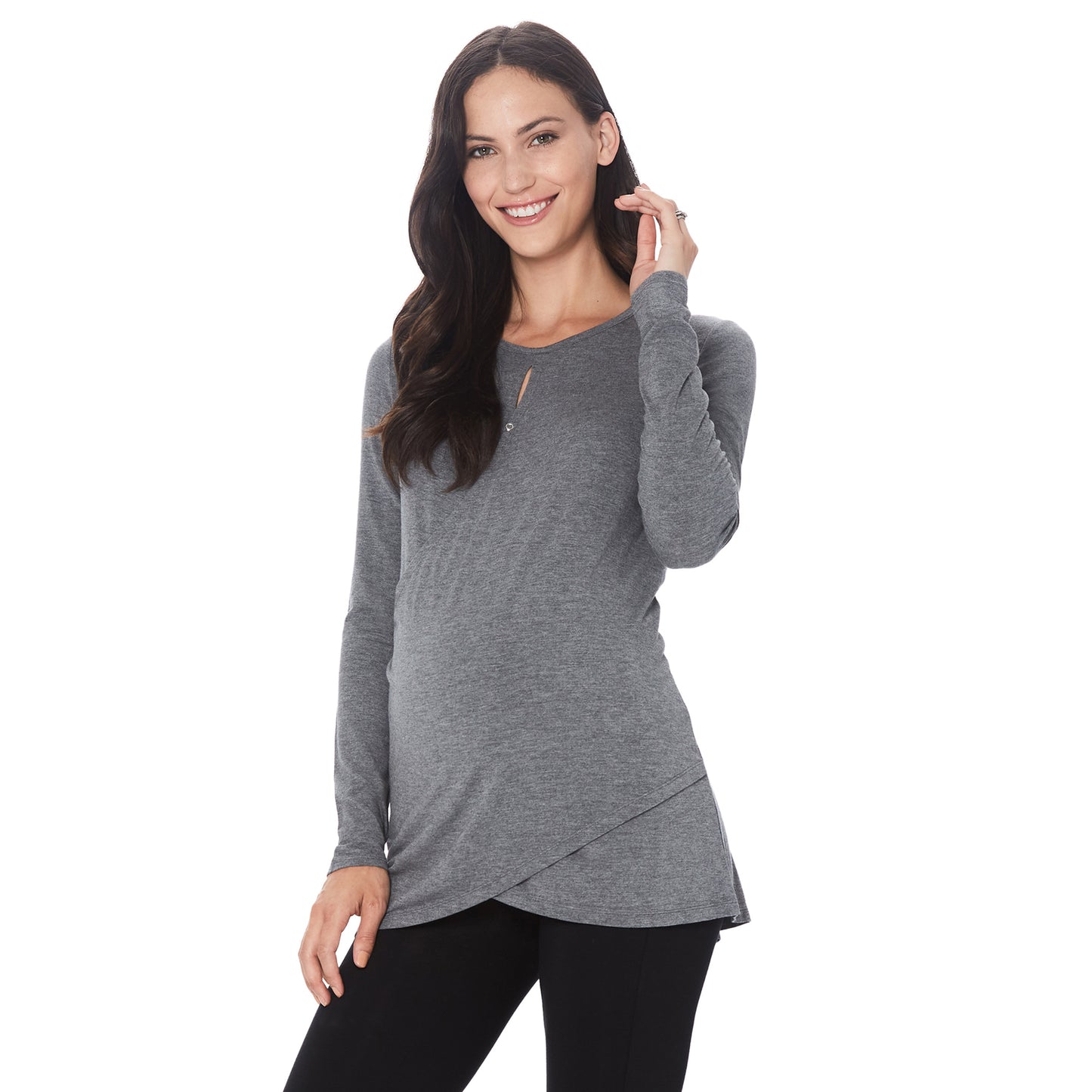 Charcoal Heather; Model is wearing size S. She is 5’11”, Bust 34”, Waist 25”, Hips 36.5”. @A lady wearing a charcoal heather long sleeve maternity wrap front top. #Model is wearing a maternity bump.