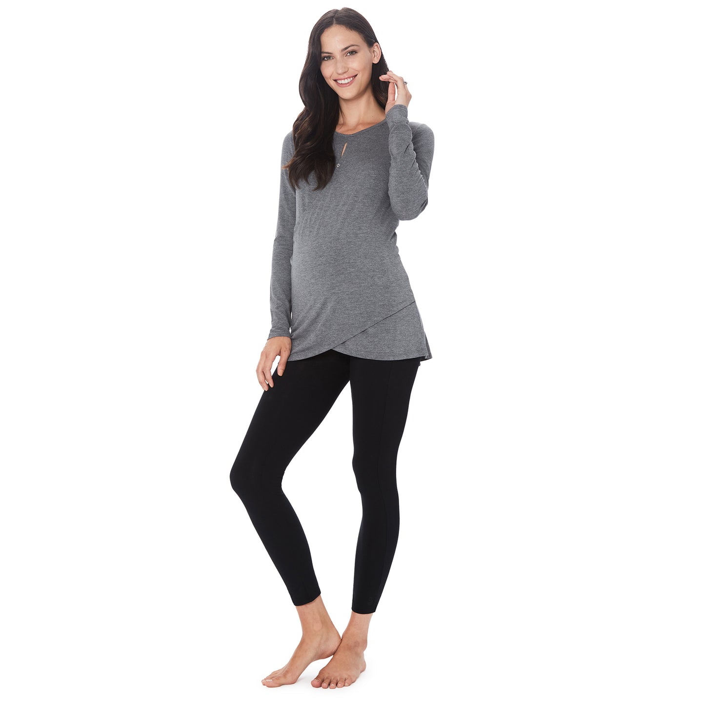 Charcoal Heather; Model is wearing size S. She is 5’11”, Bust 34”, Waist 25”, Hips 36.5”. @A lady wearing a charcoal heather long sleeve maternity wrap front top. #Model is wearing a maternity bump.