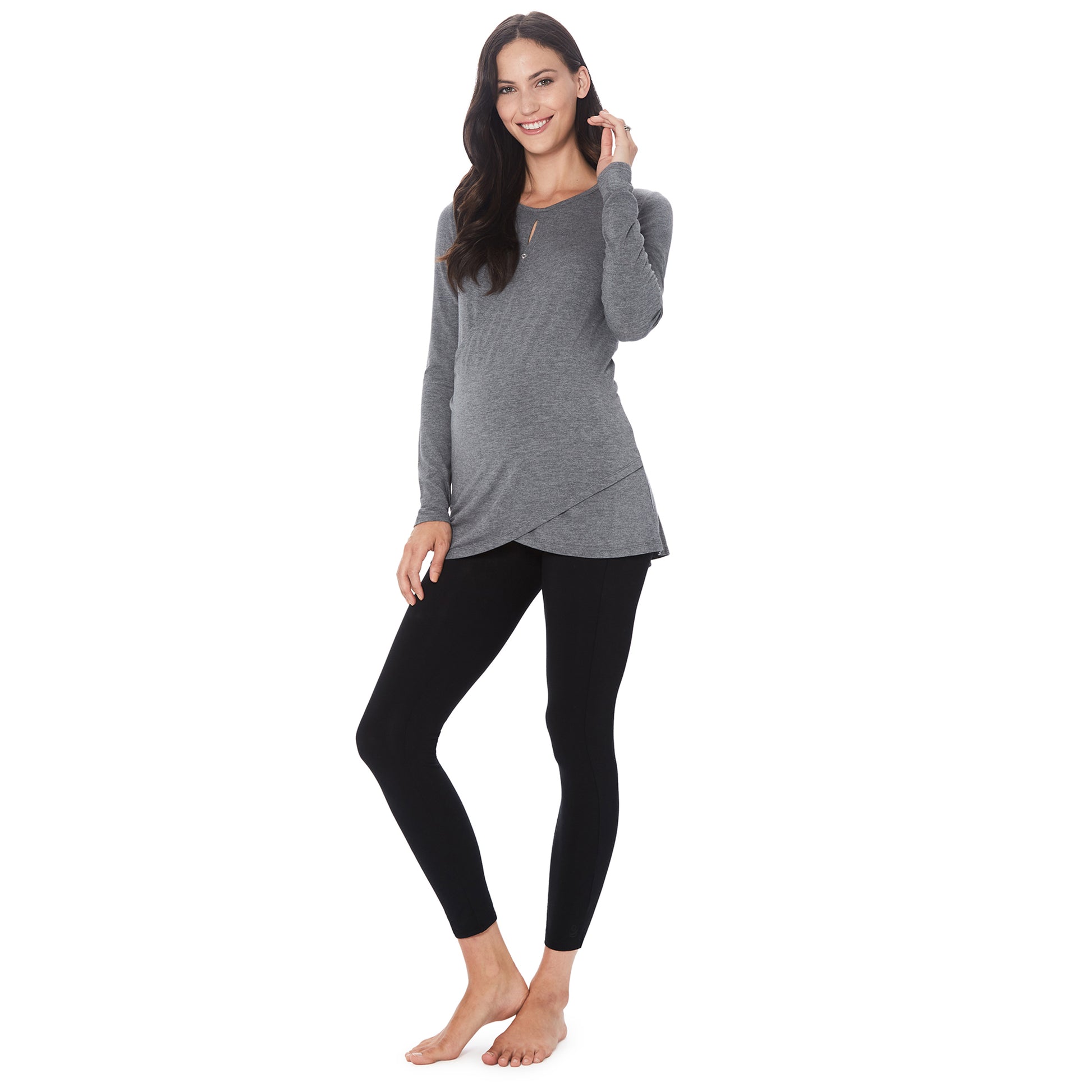 A lady wearing a charcoal heather long sleeve maternity wrap front top. #Model is wearing a maternity bump.