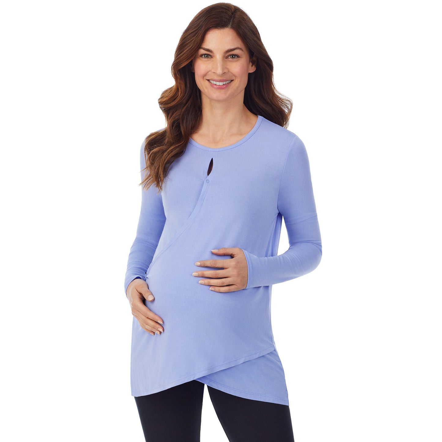 Peri Blue; Model is wearing size S. She is 5’9”, Bust 34”, Waist 24.5”, Hips 36.5”. @A lady wearing a peri blue long sleeve maternity wrap front top. #Model is wearing a maternity bump.