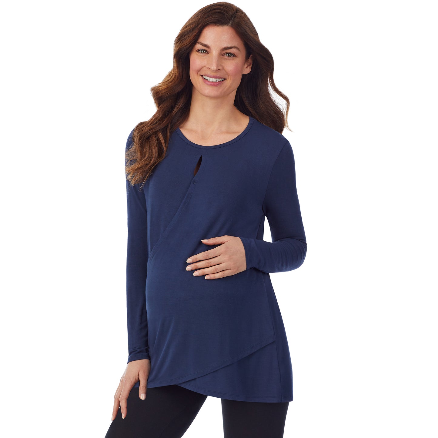 Dress Blues; Model is wearing size S. She is 5’9”, Bust 34”, Waist 24.5”, Hips 36.5”. @A lady wearing a dress blue long sleeve maternity wrap front top. #Model is wearing a maternity bump.