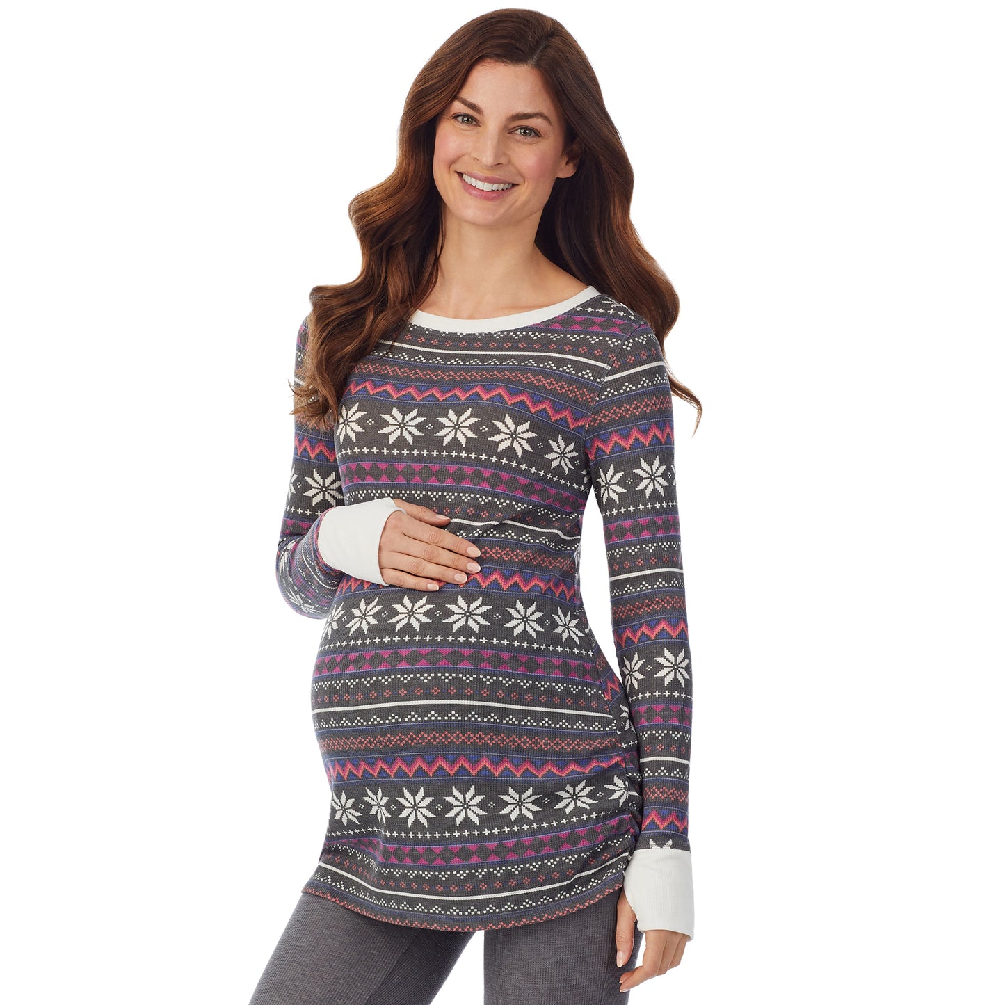 Grey Multi Fairisle; Model is wearing size S. She is 5’9”, Bust 34”, Waist 24.5”, Hips 36.5”. @A lady wearing a grey multi fairisle long sleeve maternity ballet neck top. #Model is wearing a maternity bump.