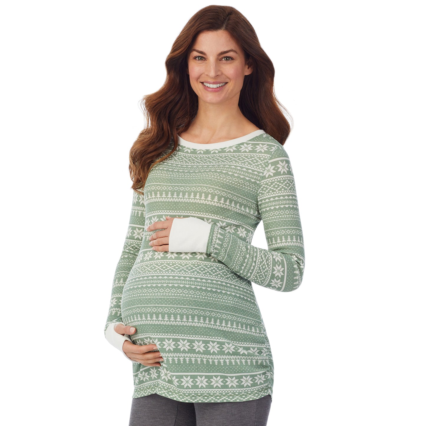 Seagrass Fairisle; Model is wearing size S. She is 5’9”, Bust 34”, Waist 24.5”, Hips 36.5”. @A lady wearing a seagrass fairisle long sleeve maternity ballet neck top. #Model is wearing a maternity bump.