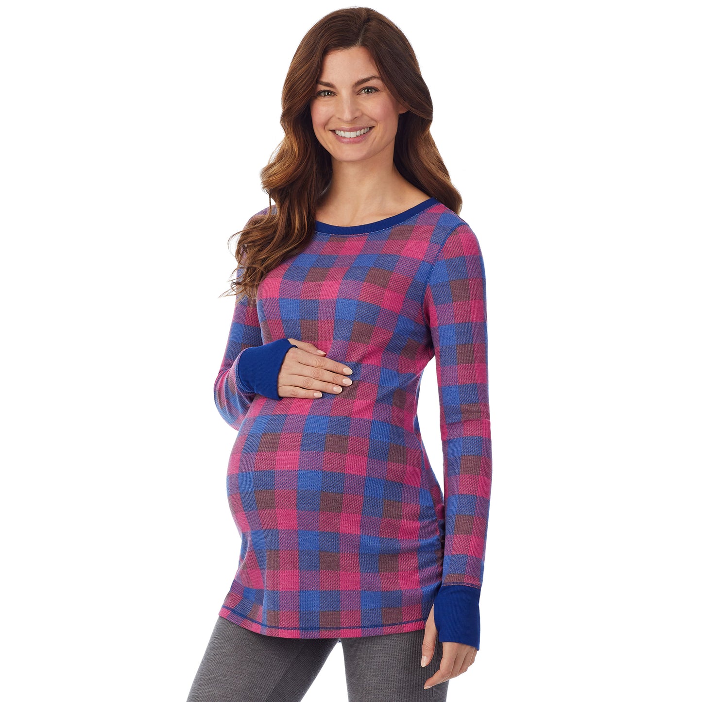 Grape Blue Buffalo Check; Model is wearing size S. She is 5’9”, Bust 34”, Waist 24.5”, Hips 36.5”. @A lady wearing a grape blue buffalo check long sleeve maternity ballet neck top. #Model is wearing a maternity bump.