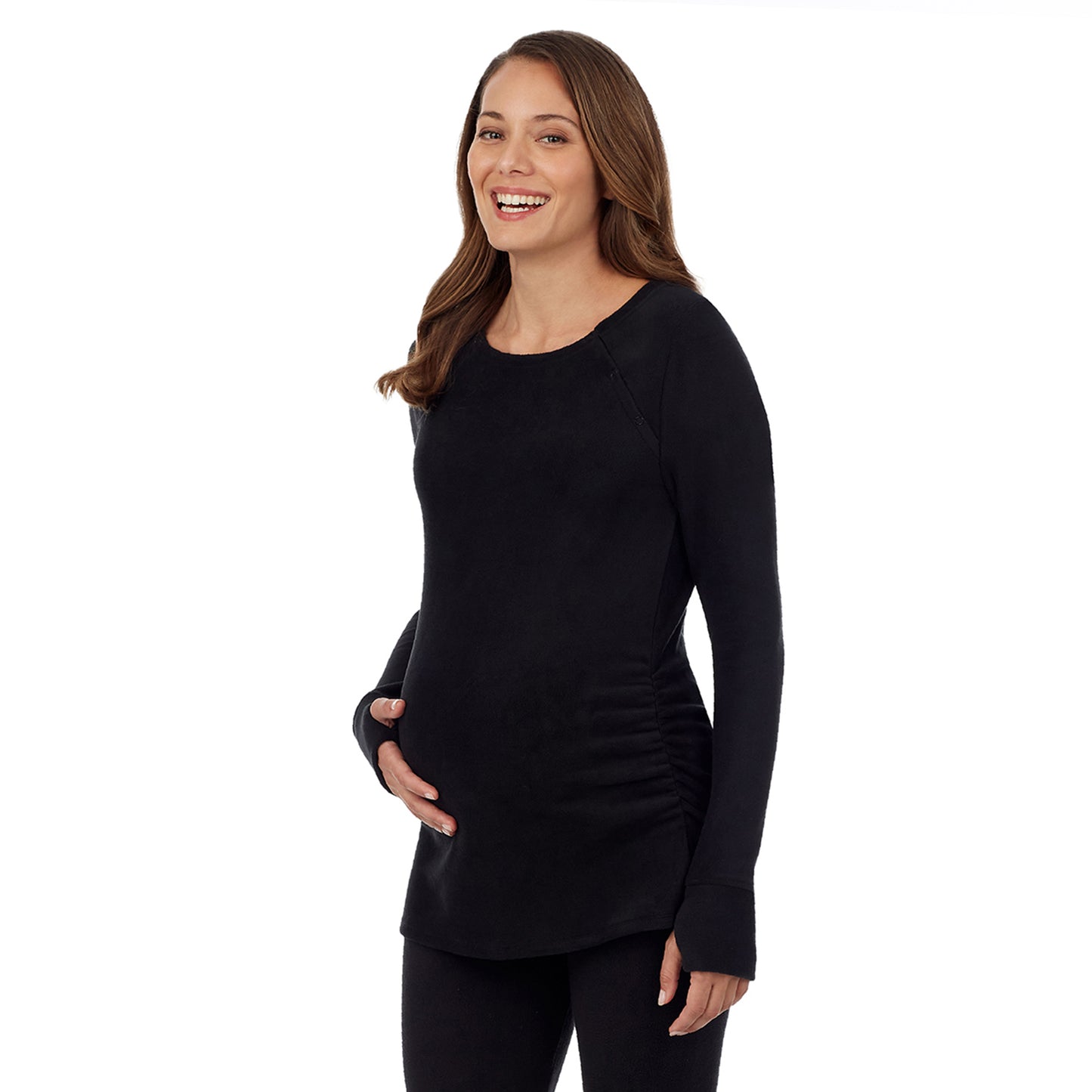 Black; Model is wearing a size S. She is 5’10”, Bust 34”, Waist 26”, Hips 36”. @upper body of a lady wearing a black maternity snap front crew #Model is wearing a maternity bump.