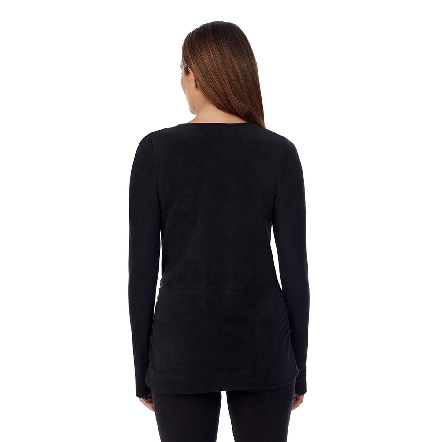 Black; Model is wearing a size S. She is 5’10”, Bust 34”, Waist 26”, Hips 36”.@upper body of a lady wearing a black maternity snap front crew #Model is wearing a maternity bump.