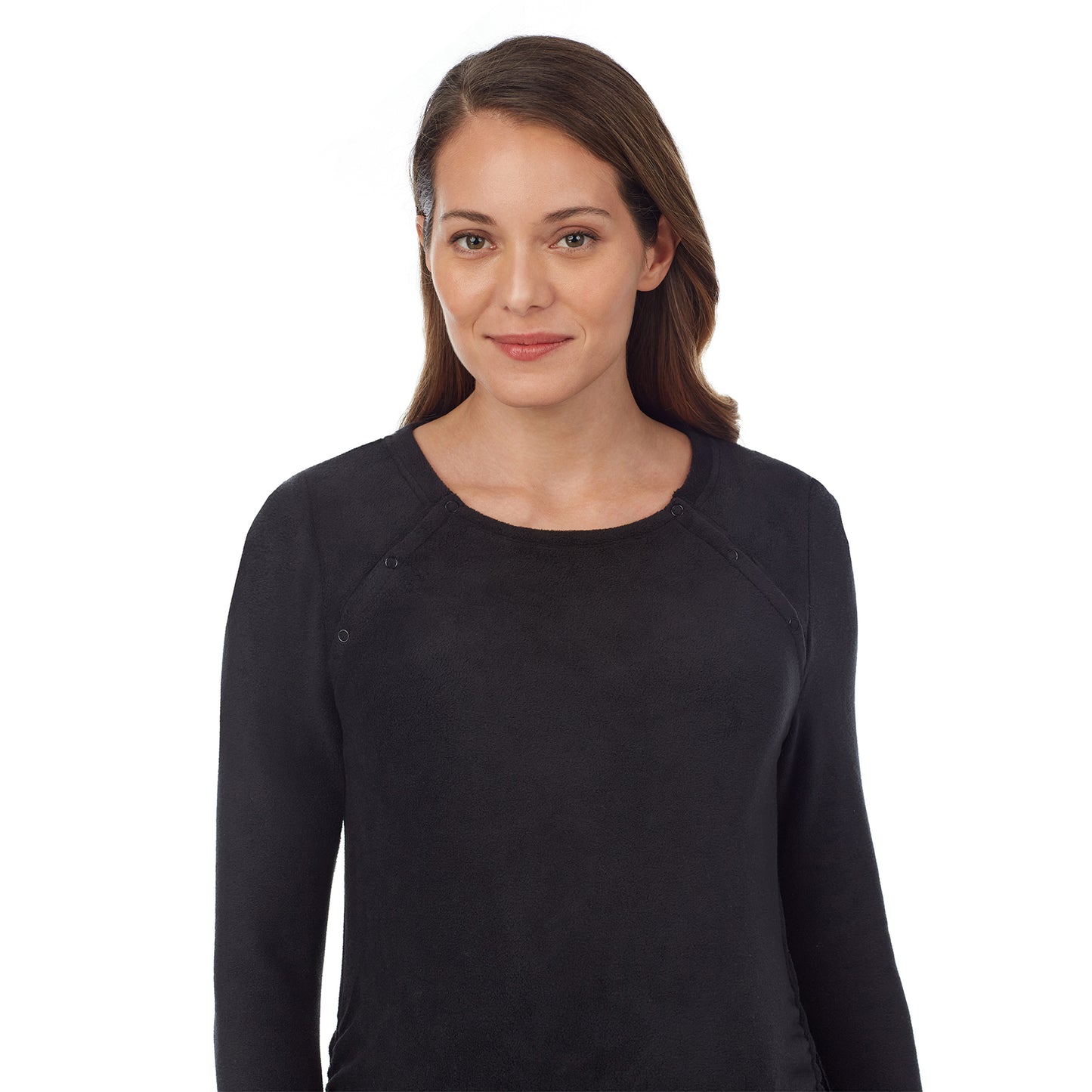 Black; Model is wearing a size S. She is 5’10”, Bust 34”, Waist 26”, Hips 36”.@upper body of a lady wearing a black maternity snap front crew #Model is wearing a maternity bump.