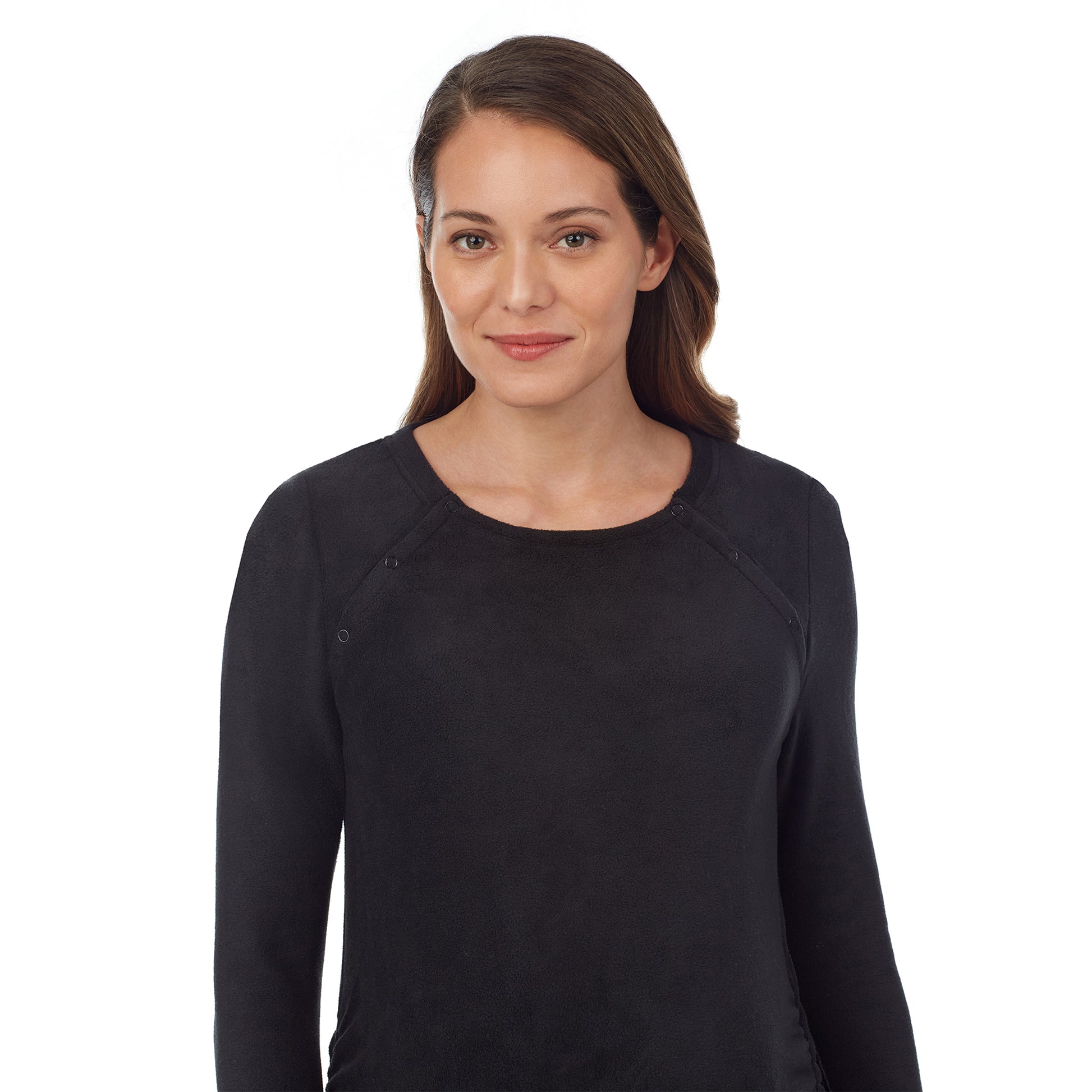 upper body of a lady wearing a black maternity snap front crew #Model is wearing a maternity bump.