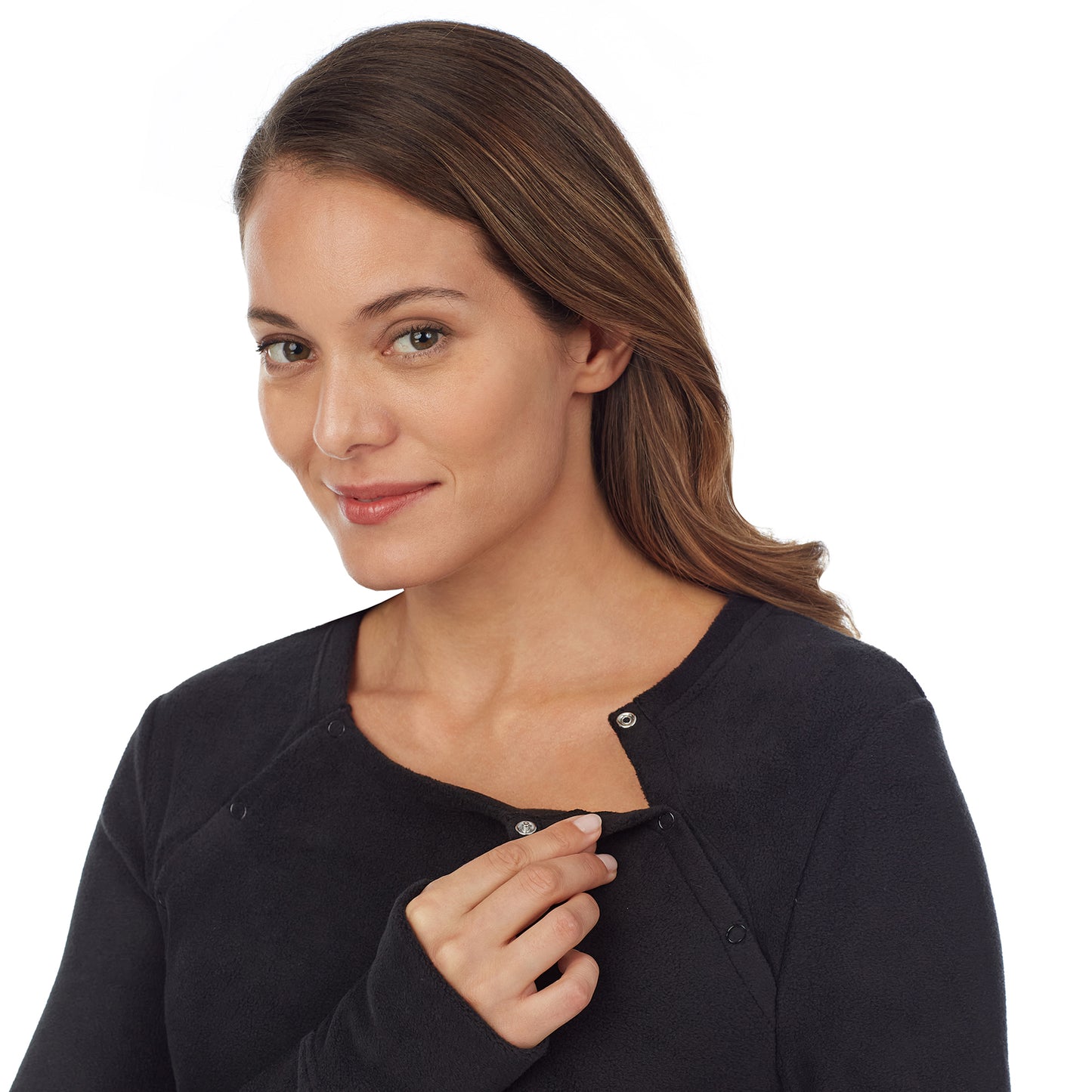 Black; Model is wearing a size S. She is 5’10”, Bust 34”, Waist 26”, Hips 36”.@upper body of a lady wearing a black maternity snap front crew #Model is wearing a maternity bump.