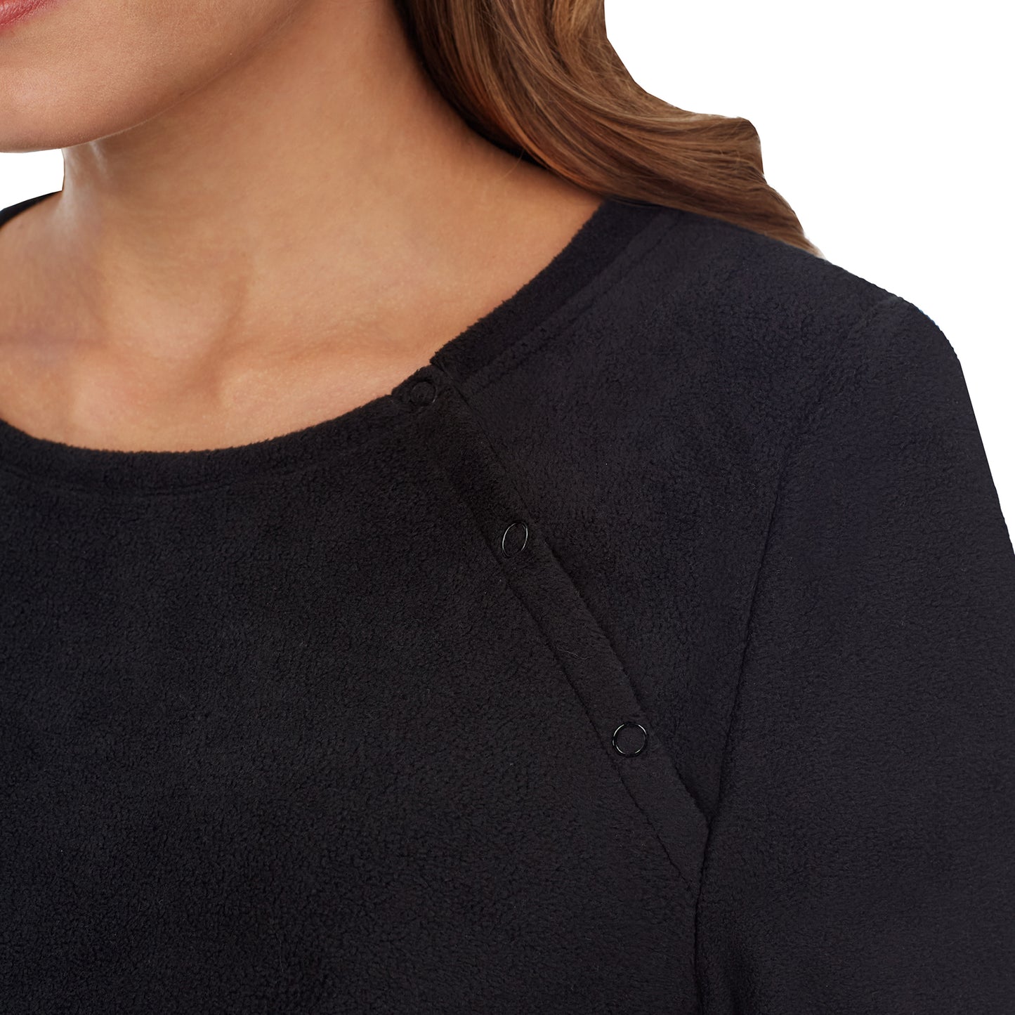 Black; Model is wearing a size S. She is 5’10”, Bust 34”, Waist 26”, Hips 36”.@upper body of a lady wearing a black maternity snap front crew #Model is wearing a maternity bump.