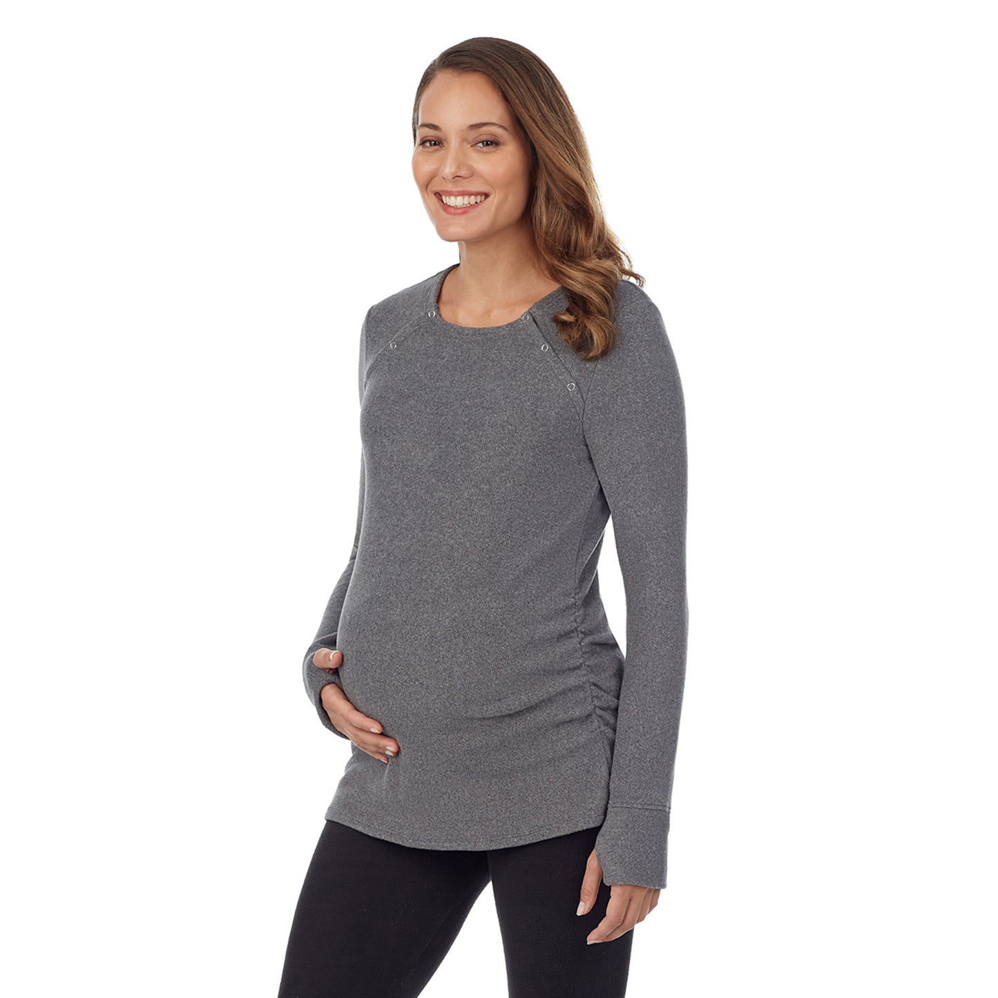 Charcoal Heather; Model is wearing a size S. She is 5’10”, Bust 34”, Waist 26”, Hips 36”.@upper body of a lady wearing a grey maternity snap front crew #Model is wearing a maternity bump.