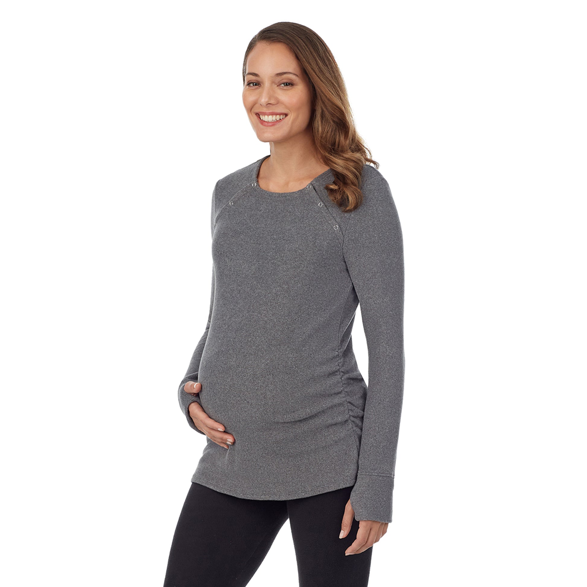 upper body of a lady wearing a grey maternity snap front crew #Model is wearing a maternity bump.