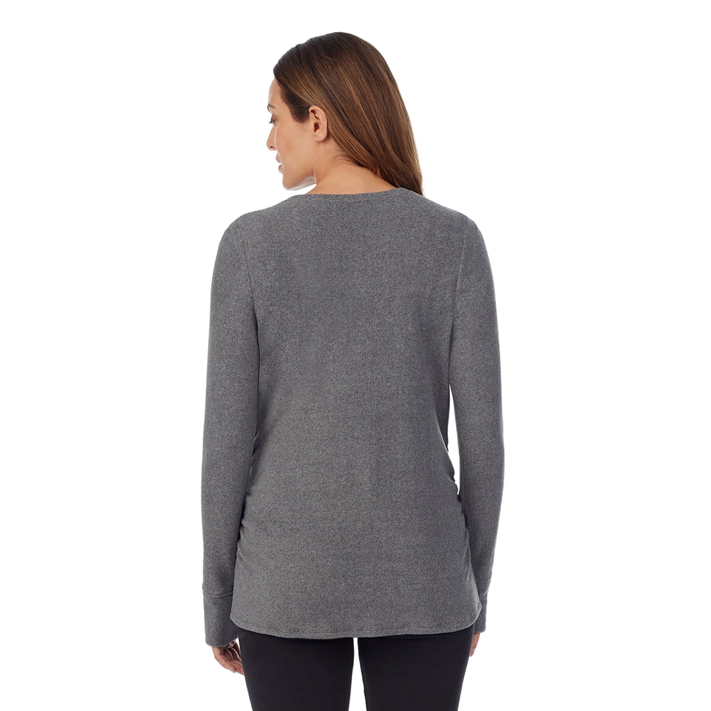 Charcoal Heather; Model is wearing a size S. She is 5’10”, Bust 34”, Waist 26”, Hips 36”.@upper body of a lady wearing a grey maternity snap front crew #Model is wearing a maternity bump.