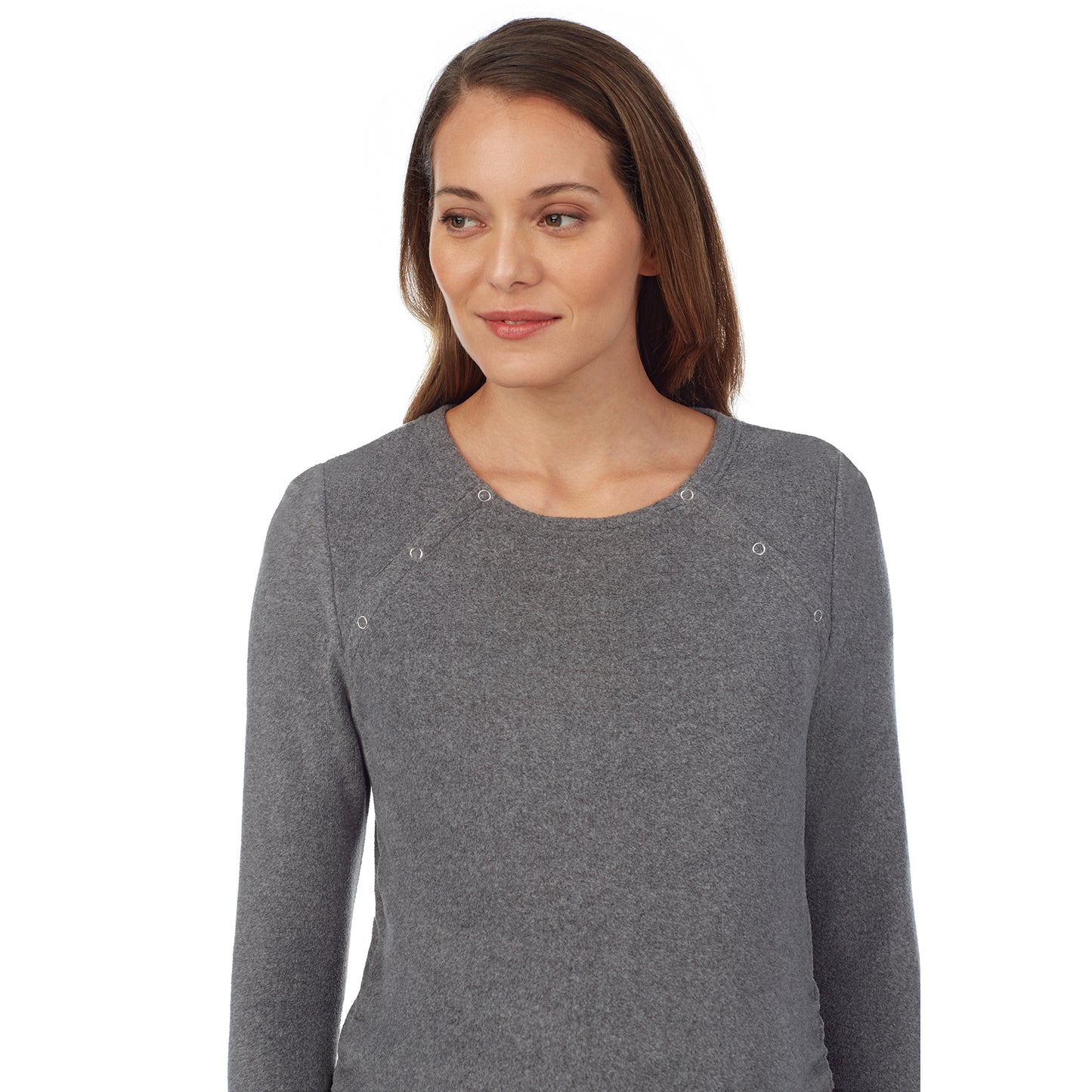 Charcoal Heather; Model is wearing a size S. She is 5’10”, Bust 34”, Waist 26”, Hips 36”@upper body of a lady wearing a grey maternity snap front crew #Model is wearing a maternity bump.