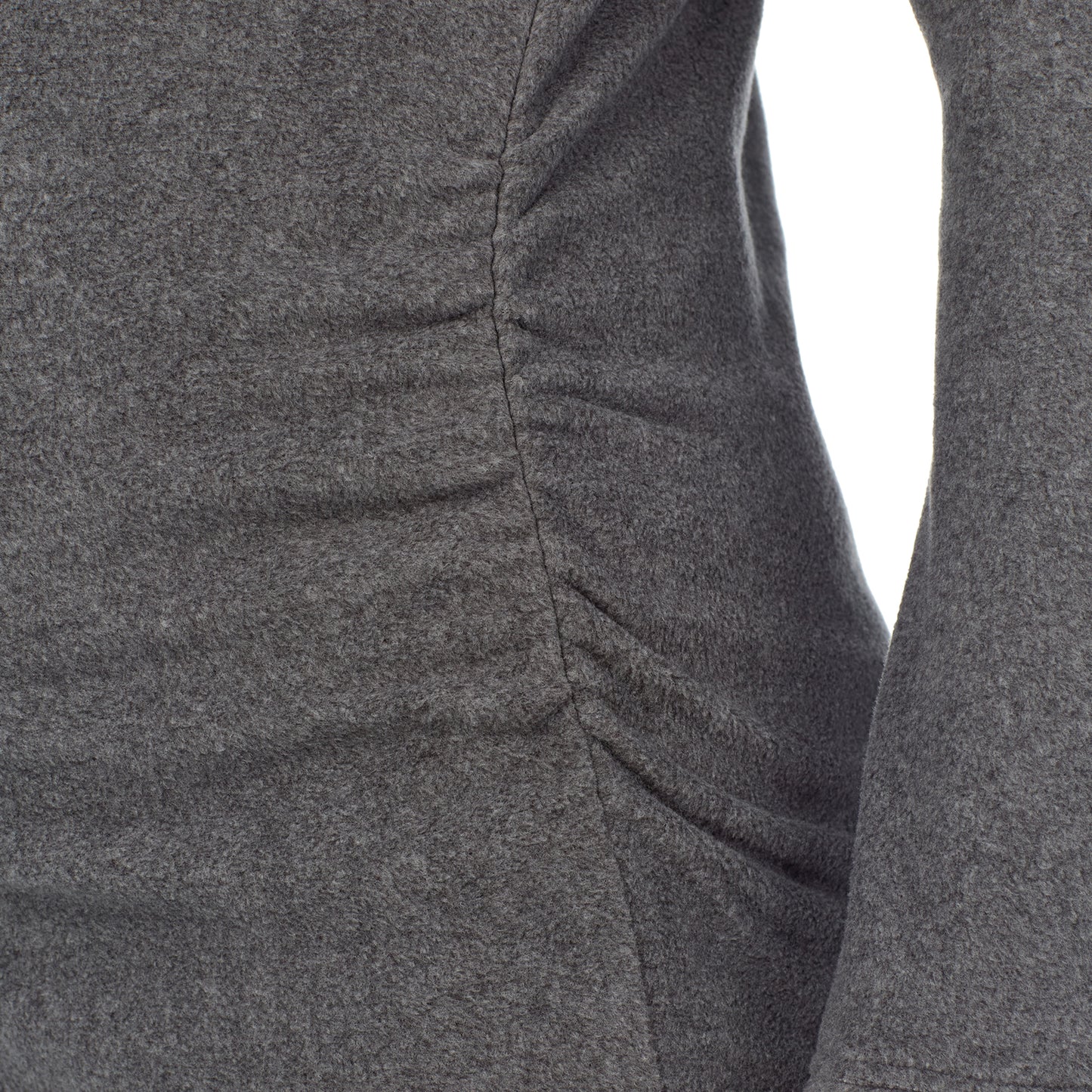 Charcoal Heather; Model is wearing a size S. She is 5’10”, Bust 34”, Waist 26”, Hips 36”.@upper body of a lady wearing a grey maternity snap front crew #Model is wearing a maternity bump.