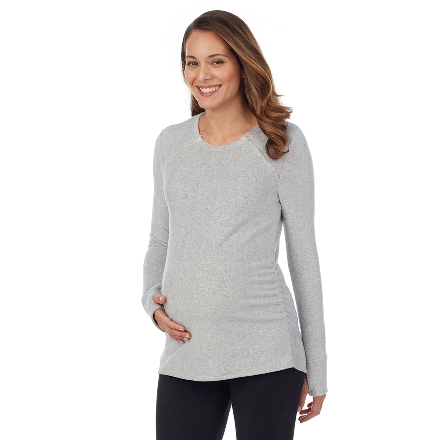 Light Grey Heather; Model is wearing a size S. She is 5’10”, Bust 34”, Waist 26”, Hips 36”.@upper body of a lady wearing a light grey maternity snap front crew #Model is wearing a maternity bump.