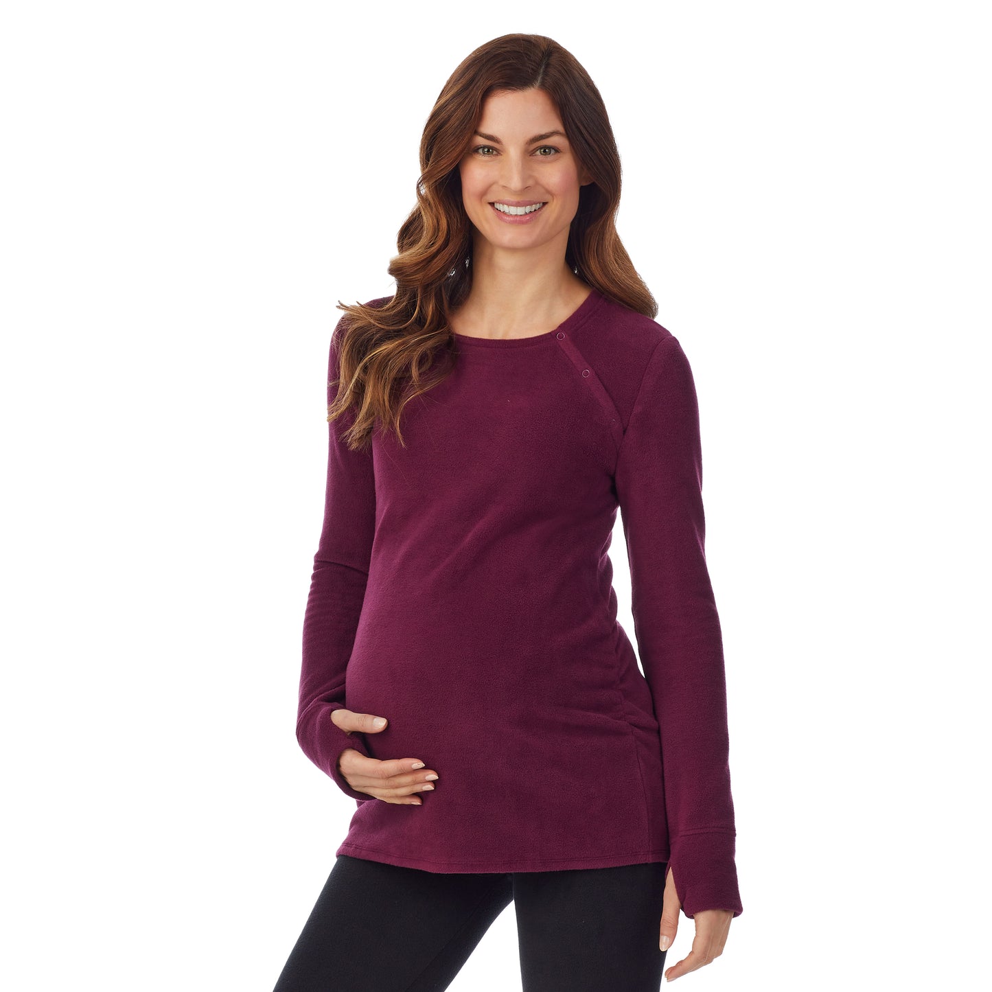Grape; Model is wearing size S. She is 5’9”, Bust 34”, Waist 24.5”, Hips 36.5”.@upper body of a lady wearing a grape maternity snap front crew #Model is wearing a maternity bump.