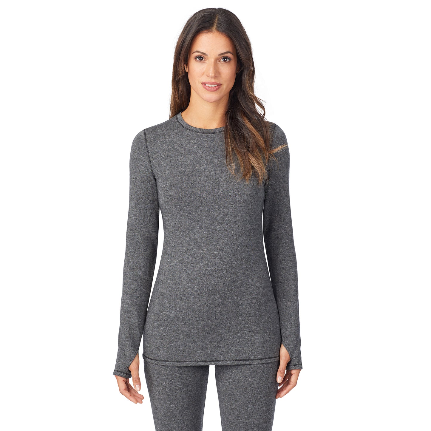 Charcoal Heather; Model is wearing size S. She is 5’9”, Bust 32”, Waist 25”, Hips 35”. @A lady wearing a charcoal heather long sleeve crew.