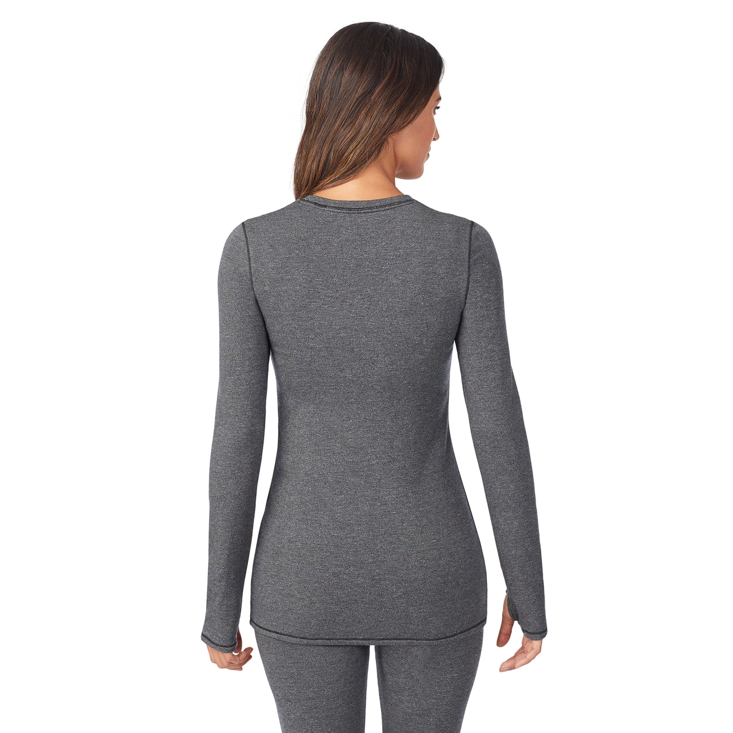 Charcoal Heather; Model is wearing size S. She is 5’9”, Bust 32”, Waist 25”, Hips 35”. @A lady wearing a charcoal heather long sleeve crew.