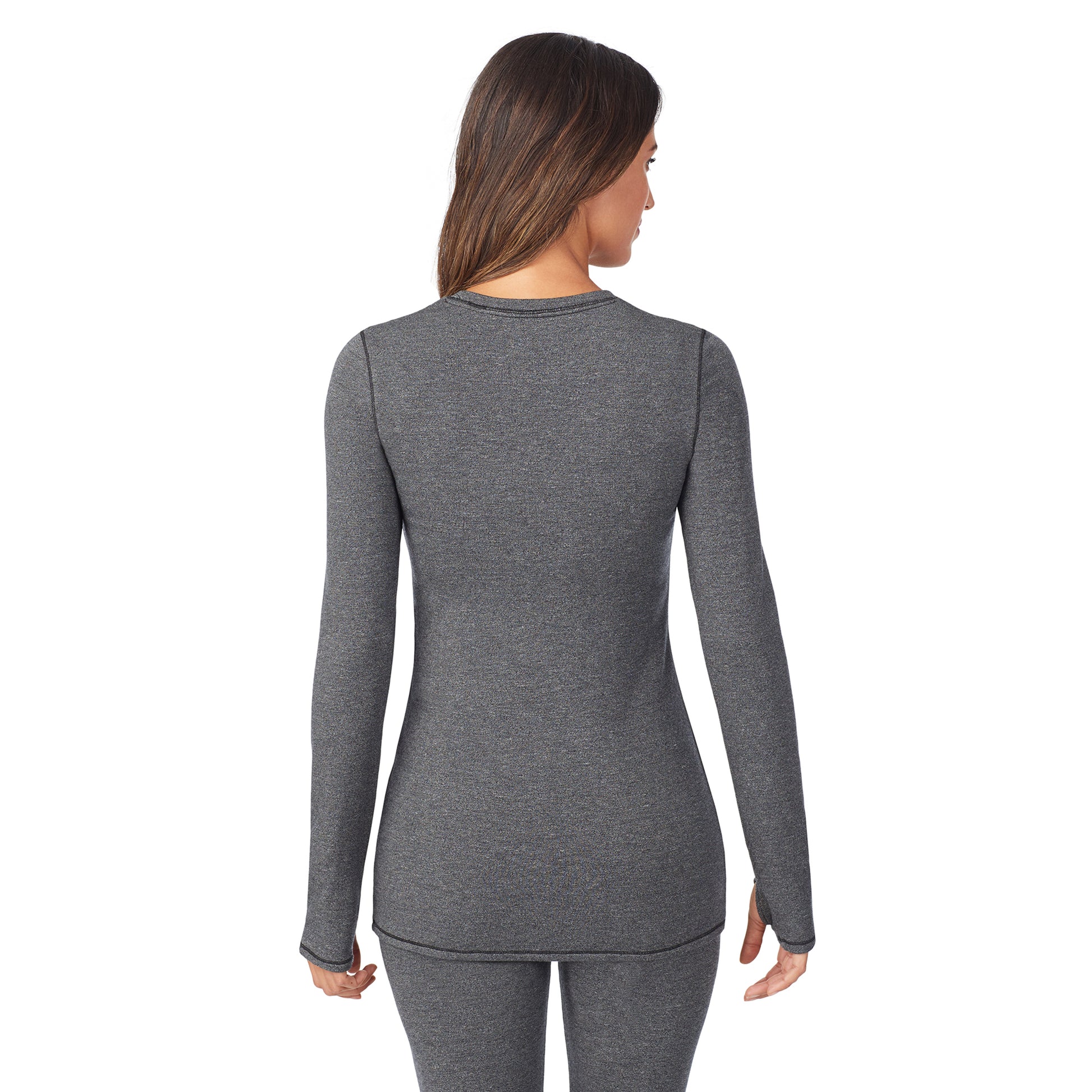 A lady wearing a charcoal heather long sleeve crew.