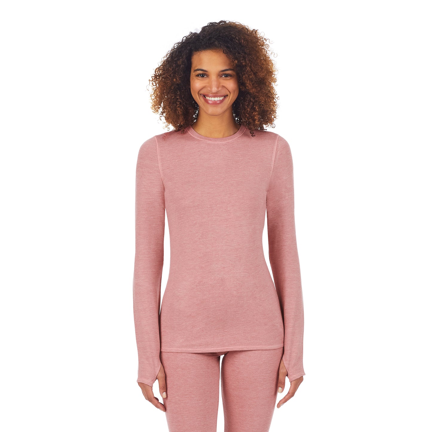 Mink Taupe Heather; Model is wearing size S. She is 5’9”, Bust 32”, Waist 25”, Hips 35”. @A lady wearing a mink taupe heather long sleeve crew.