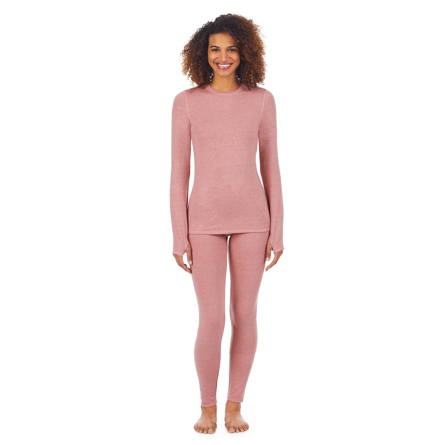 Mink Taupe Heather; Model is wearing size S. She is 5’9”, Bust 32”, Waist 25”, Hips 35”. @A lady wearing a mink taupe heather long sleeve crew.
