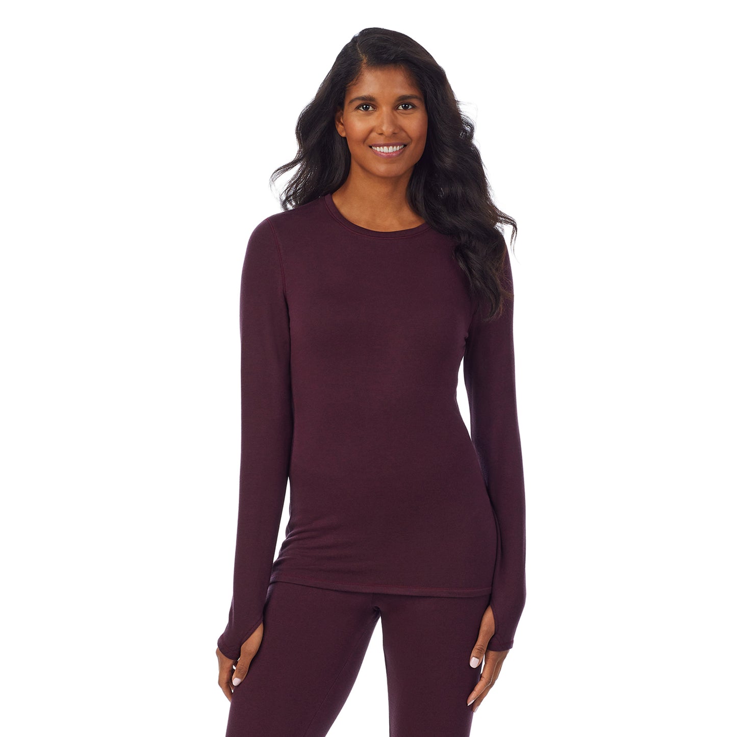 Grape Heather; Model is wearing size S. She is 5’10”, Bust 34”, Waist 24”, Hips 34”. @A lady wearing a grape heather long sleeve crew.