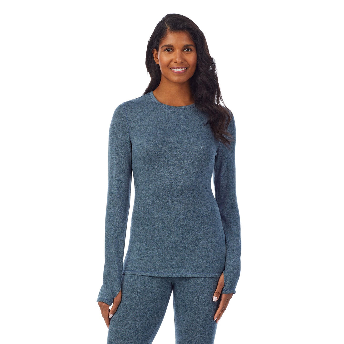 Cloud Blue Heather; Model is wearing size S. She is 5’10”, Bust 34”, Waist 24”, Hips 34”. @A lady wearing a cloud blue heather long sleeve crew.