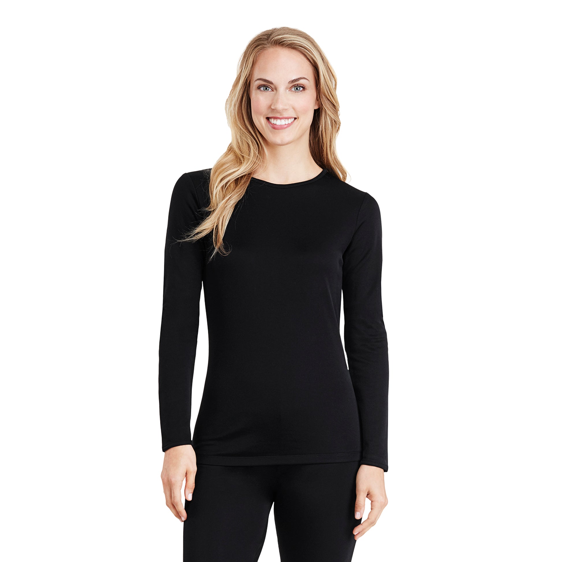 A lady wearing a black long sleeve crew.