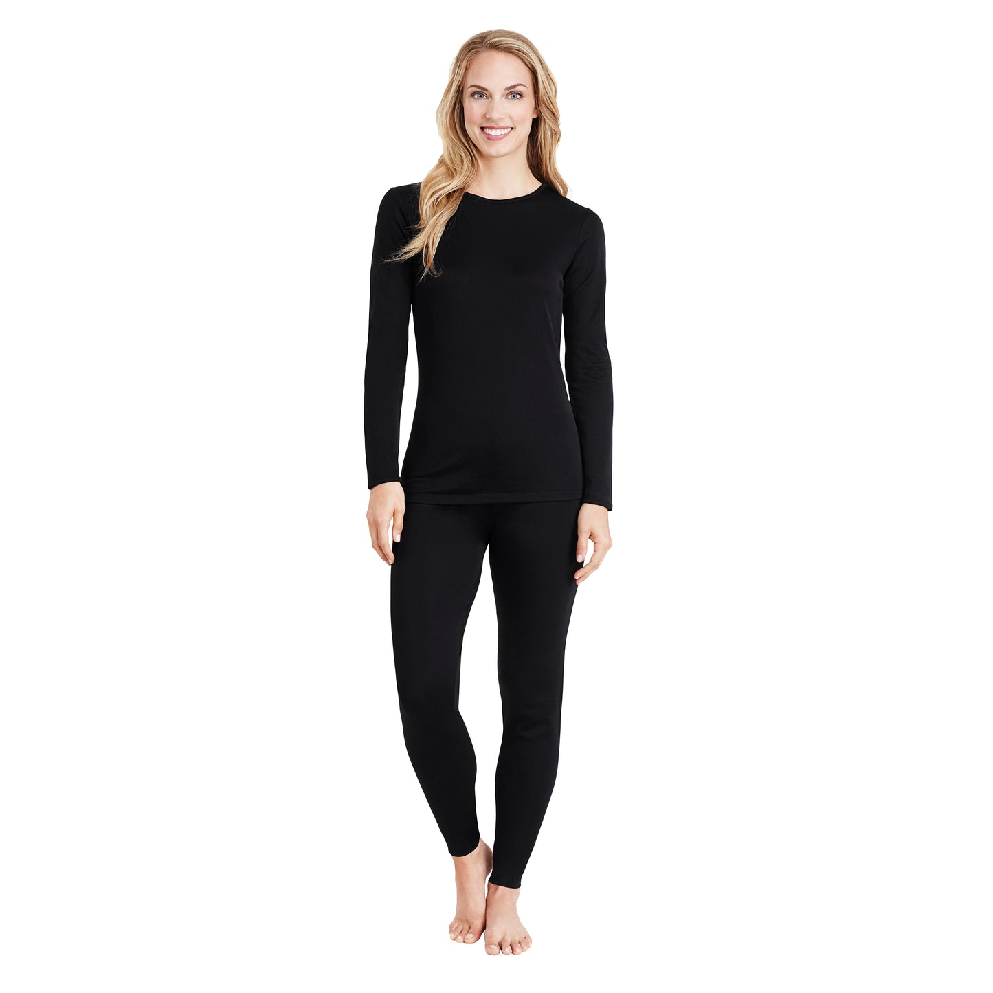 Black; Model is wearing size S. She is 5’9”, Bust 32”, Waist 25.5”, Hips 36”. @A lady wearing a black long sleeve crew.