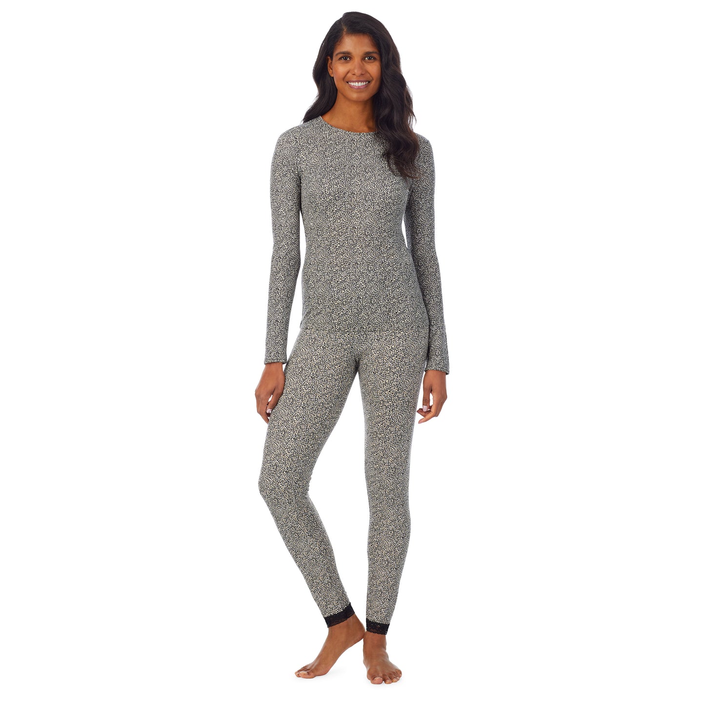 Cheetah; Model is wearing size S. She is 5’10”, Bust 34”, Waist 24”, Hips 34”. @A lady wearing a cheetah long sleeve crew.