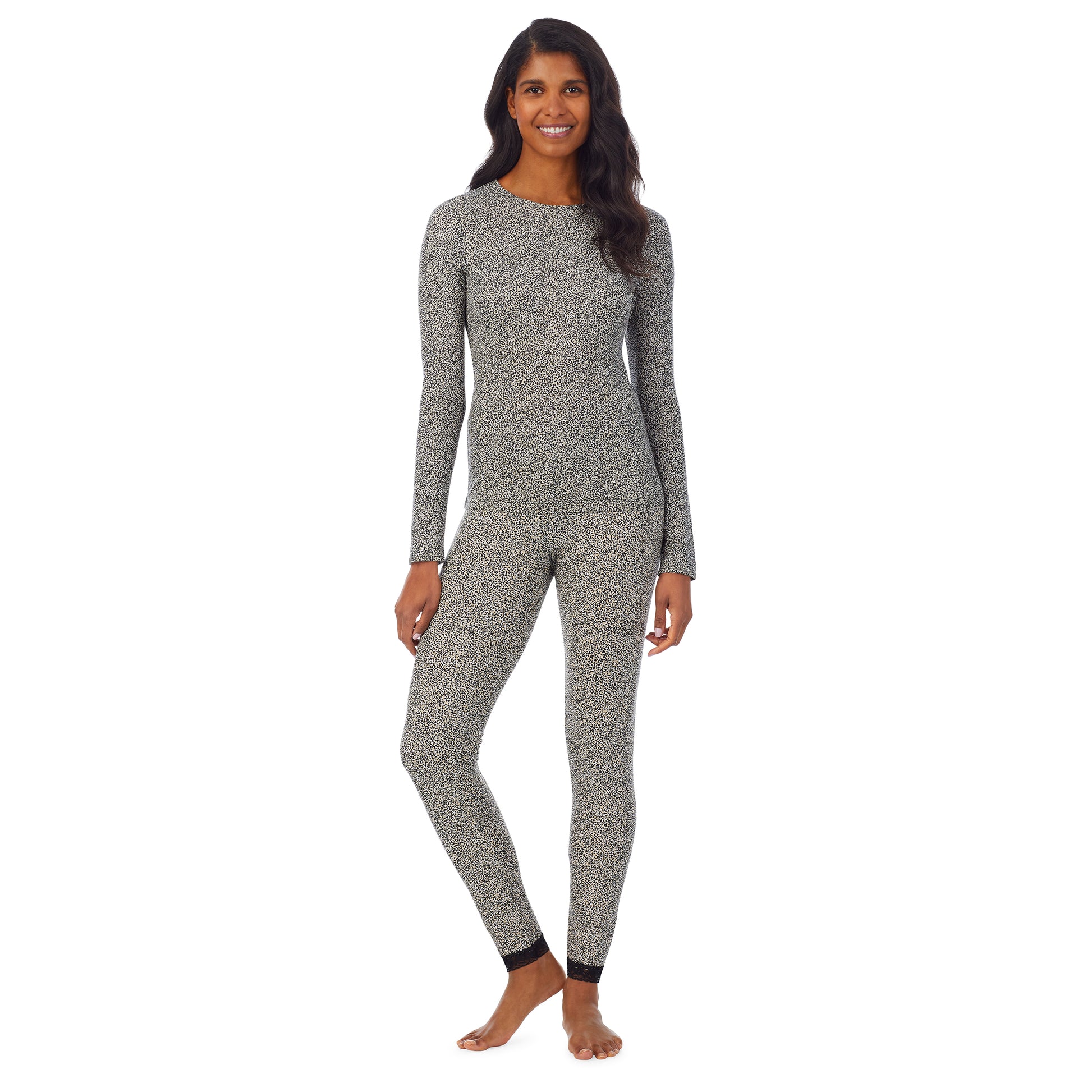A lady wearing a cheetah long sleeve crew.