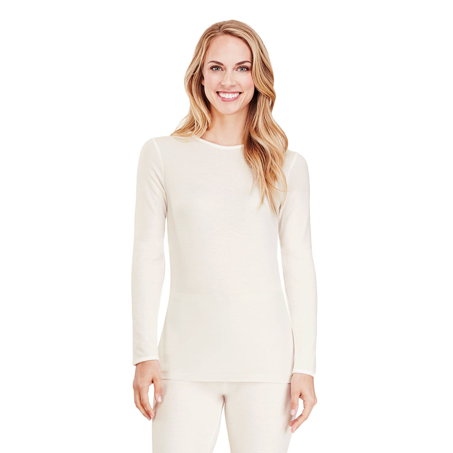 Ivory; Model is wearing size S. She is 5’9”, Bust 32”, Waist 25.5”, Hips 36”. @A lady wearing a ivory long sleeve crew.