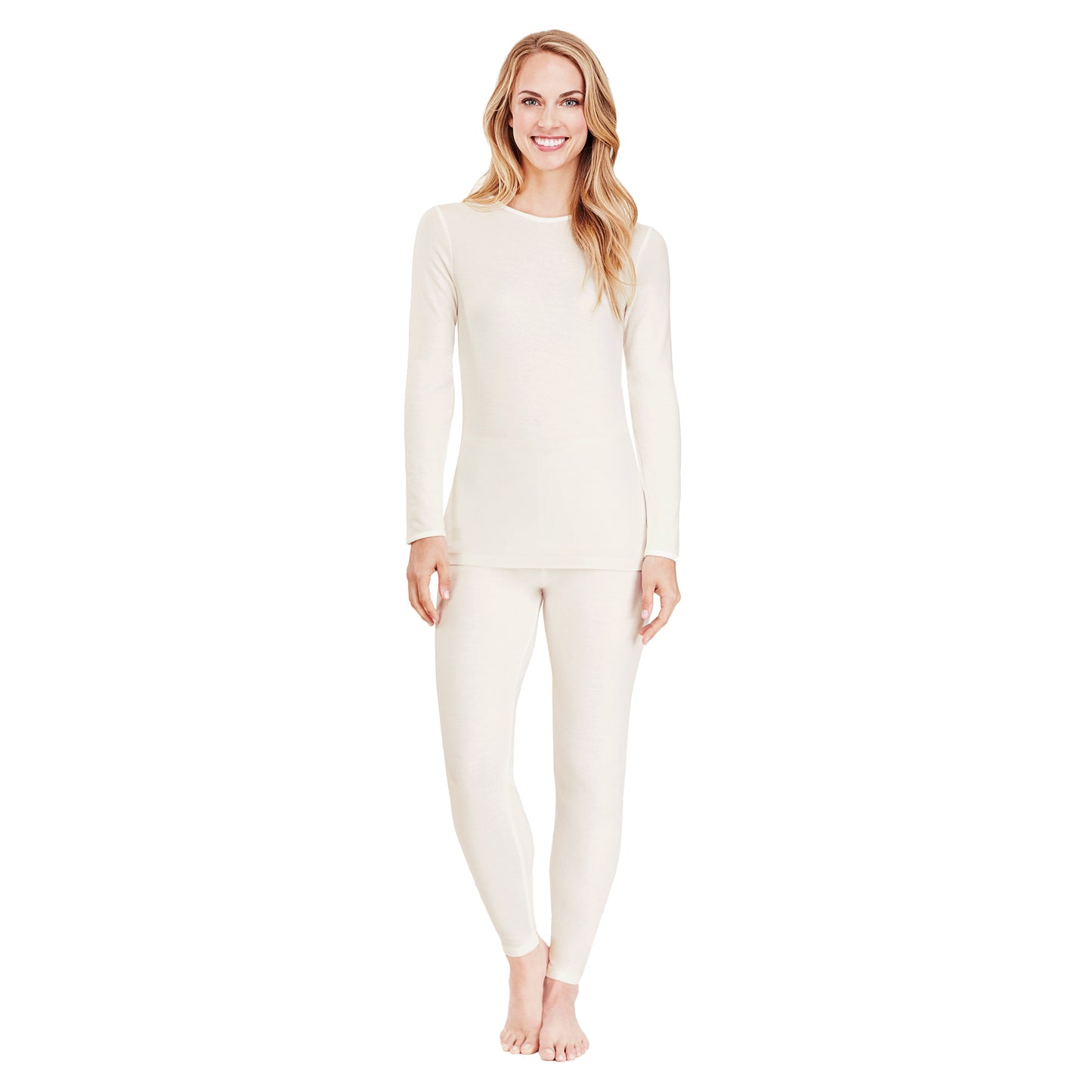 Ivory; Model is wearing size S. She is 5’9”, Bust 32”, Waist 25.5”, Hips 36”. @A lady wearing a ivory long sleeve crew.