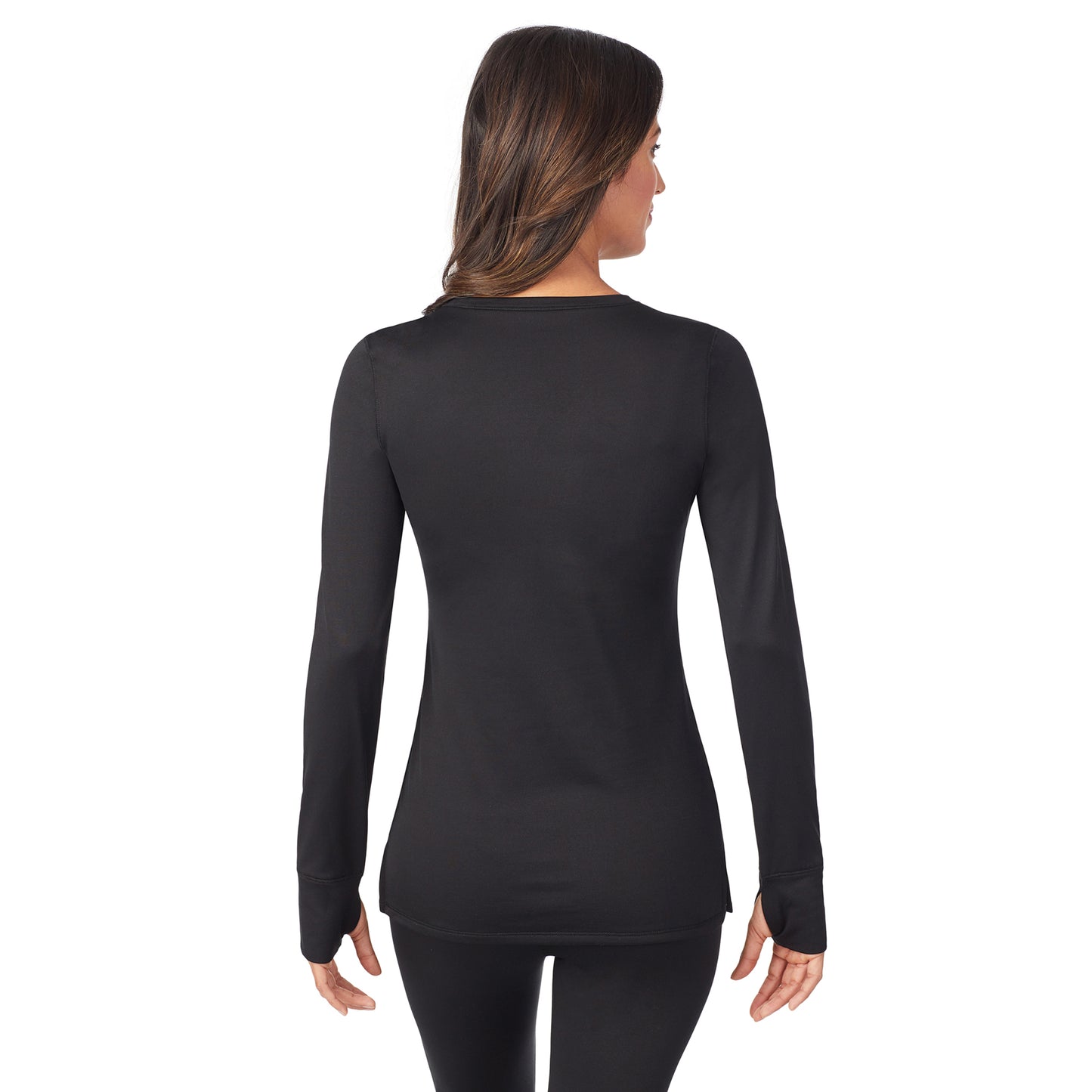 Black; Model is wearing size S. She is 5’9”, Bust 32”, Waist 25”, Hips 35”. @A lady wearing a black long sleeve crew.